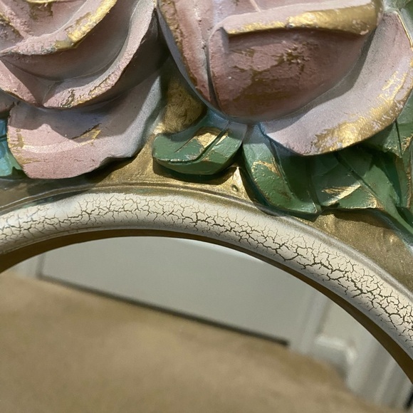 Vintage Home Interiors Shabby Chic Pink Gold Floral Oval Wall Mirror 27”x 20” - Picture 8 of 14